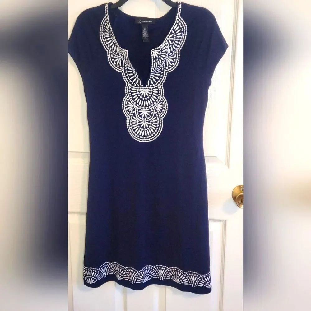 INC International Concepts M Navy Embellished PIMACOTTON Blend Lined Women Dress